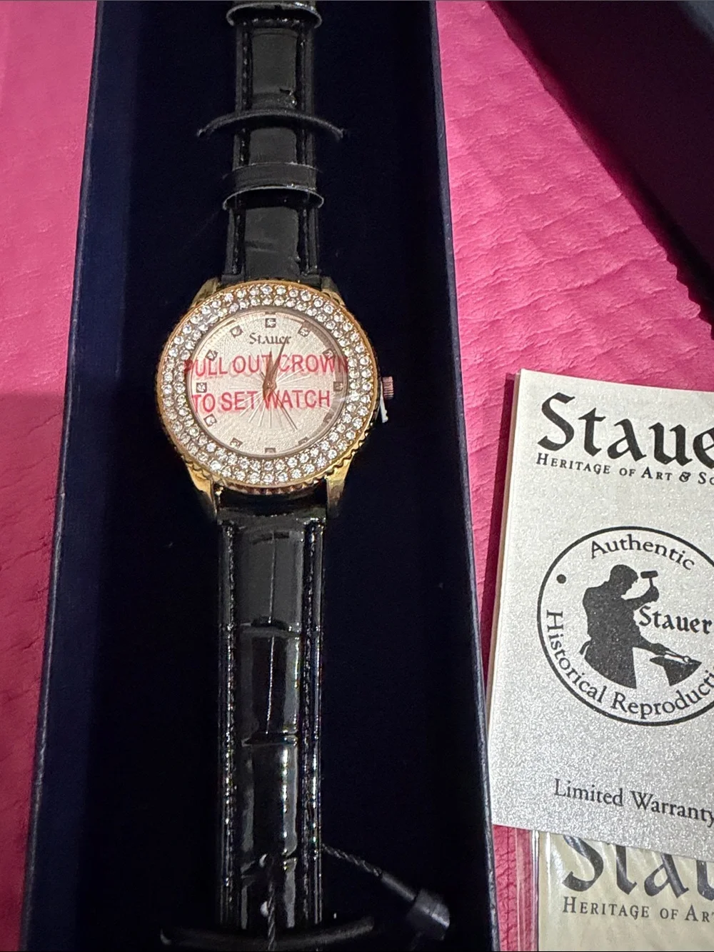 Stauer Crystal Bezel Black Leather Strap Watch